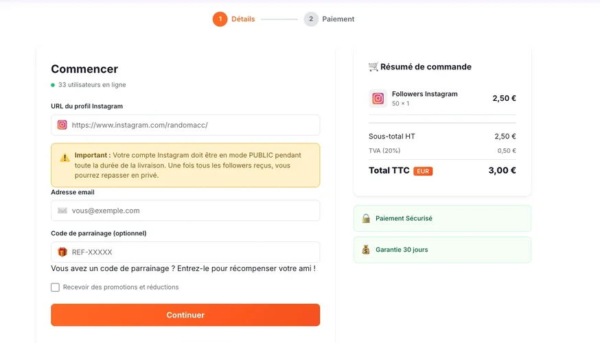 Buy Instagram followers - Followers Lab order page